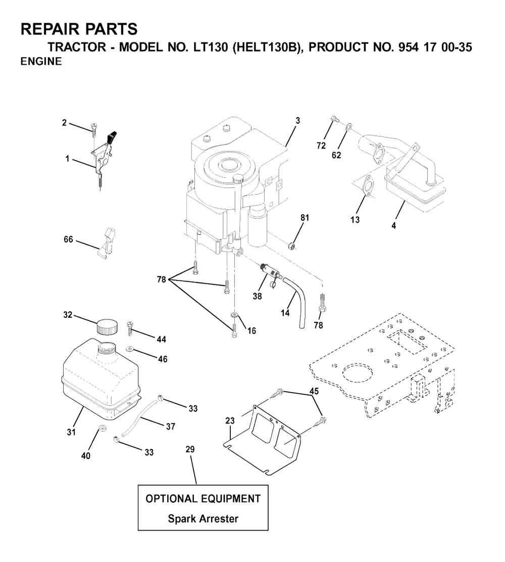 Engine And Cutting Equipment Diagram and Parts List for LT130 (954170035-B)(2001-03) Husqvarna Lawn Tractor