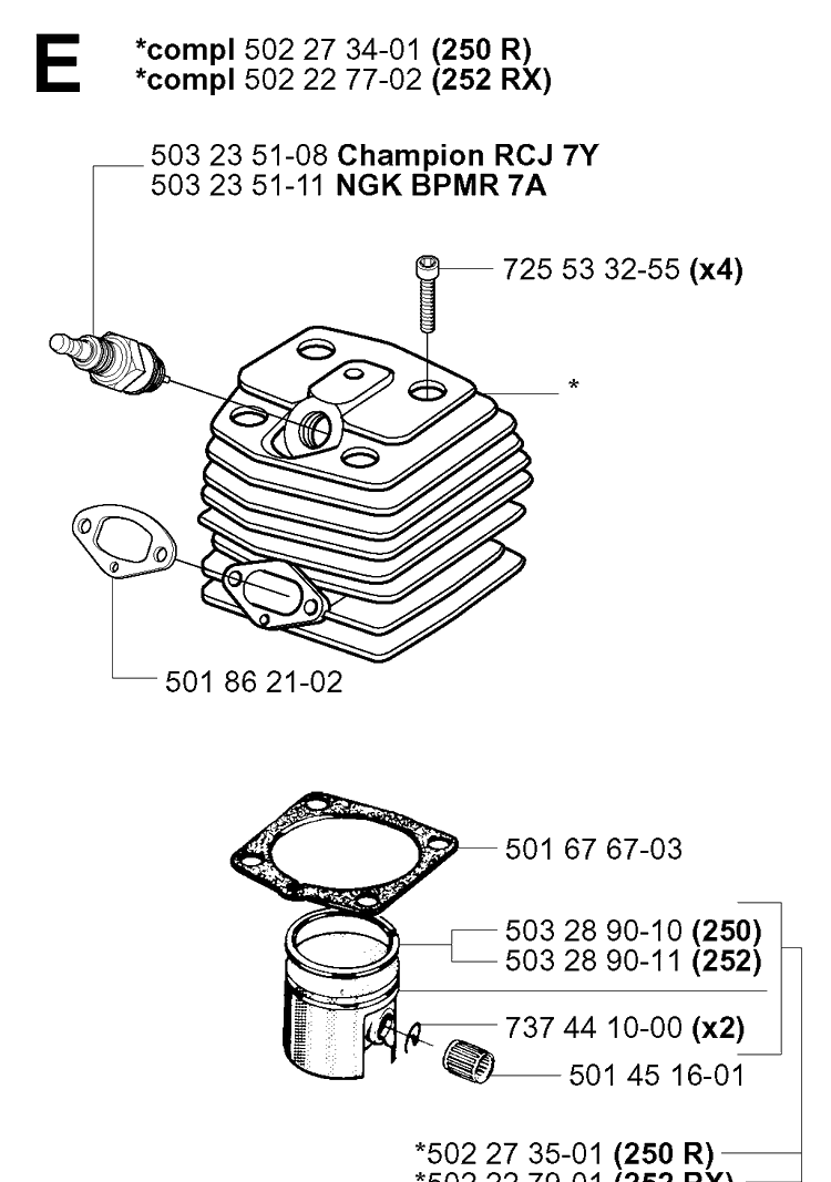 Cylinder Piston Diagram and Parts List for 252RX 20011800001-20023100000 Husqvarna Brush Cutter