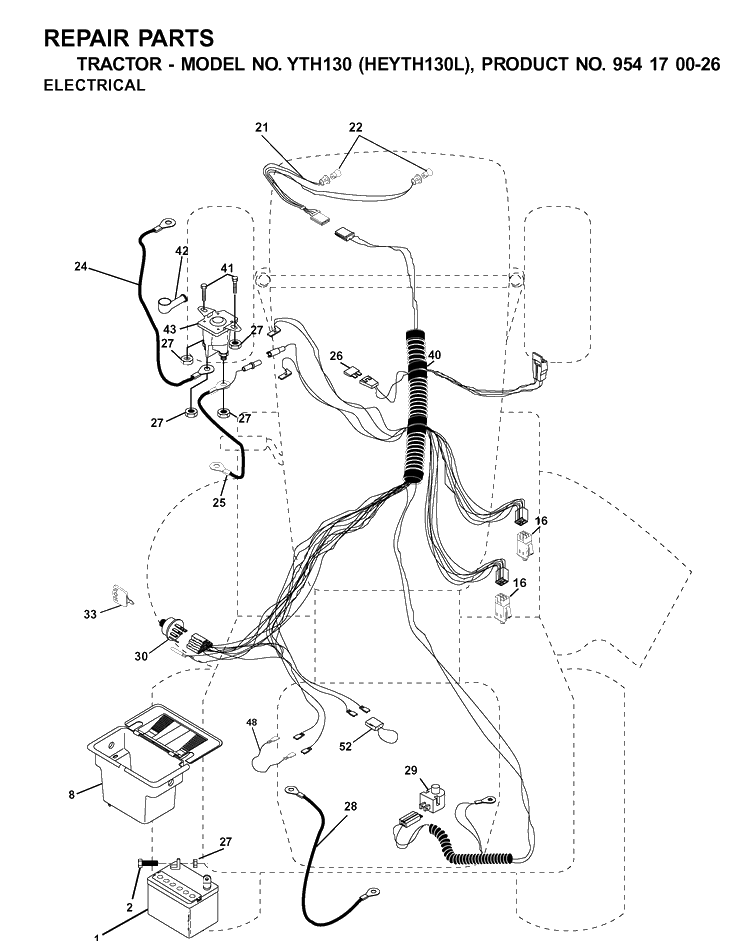 Electrical Diagram and Parts List for YTH130 (HEYTH130L)(2001-09) Husqvarna Lawn Tractor
