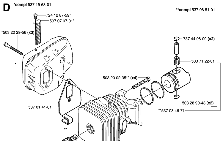 Cylinder, Piston And Muffler Diagram and Parts List for 326HD75 (X-SERIES)(20020500001-20030100000) Husqvarna Hedge Trimmer