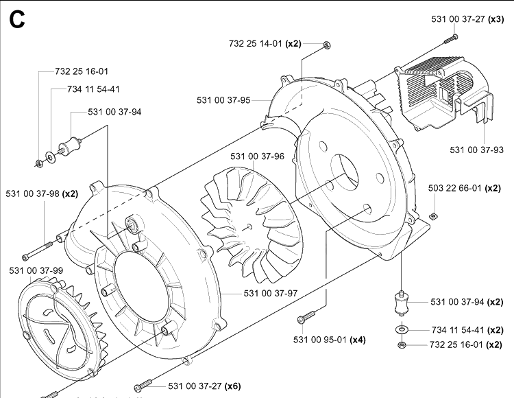 Fan Diagram and Parts List for 125BT (TH026D-AC57)(20041800001-Current) Husqvarna Leaf Blower / Vacuum