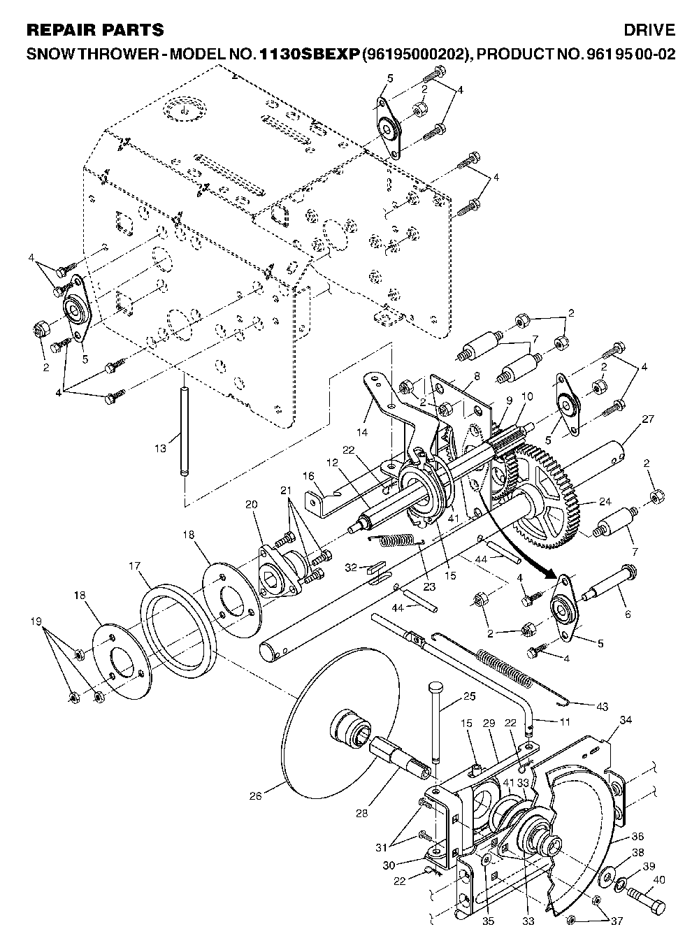 Drive Diagram and Parts List for 1130SBEXP (96195000202, 961950002)(2006-10) Husqvarna Snow Blower