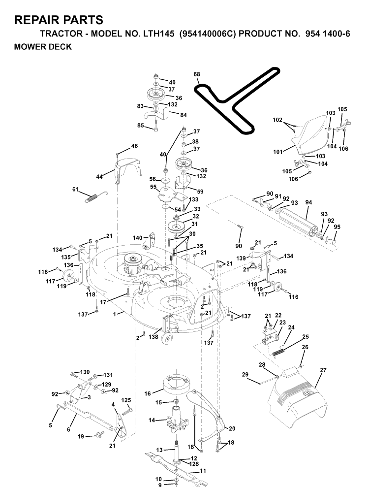 Mower Deck / Cutting Deck Diagram and Parts List for LTH145 (954140006C)(1998-02) Husqvarna Lawn Tractor