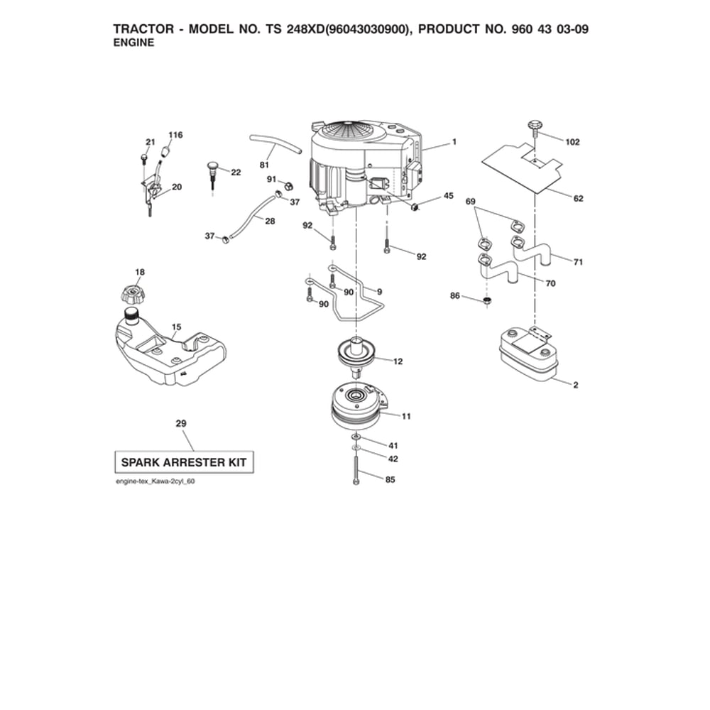 Engine Diagram and Parts List for 96043030900  Husqvarna Lawn Tractor