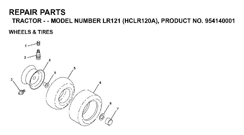 Wheels And Tires Diagram and Parts List for LR121 (HCLR120A, 954140001)(1996-08) Husqvarna Lawn Tractor
