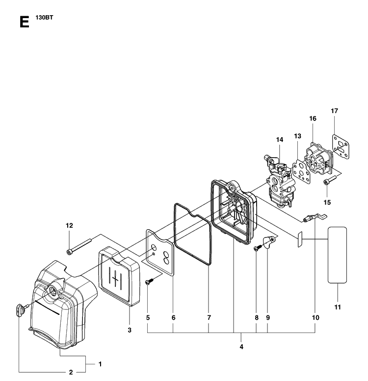 Carburetor And Air Filter Diagram and Parts List for 130BT (965102204)(20070100001-20133299999) Husqvarna Leaf Blower / Vacuum