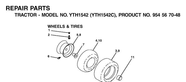 Wheels And Tires Diagram and Parts List for YTH1542 (954567048)(2001-04) Husqvarna Lawn Tractor
