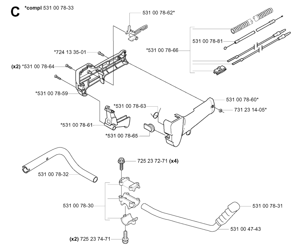 Handle And Controls Diagram and Parts List for 132R 20050100001 & Above Husqvarna Trimmer