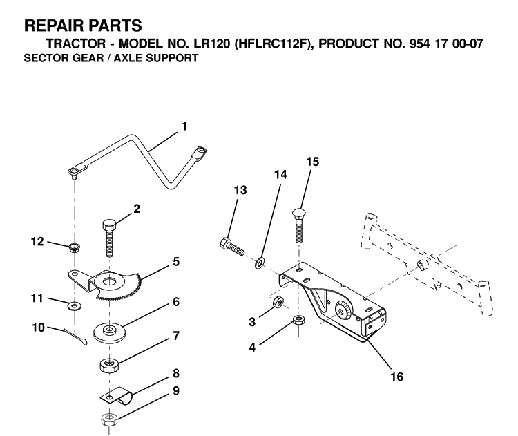 Sector Gear / Axle Support Diagram and Parts List for LR120 (HFLRC112F)(2000-03) Husqvarna Lawn Tractor