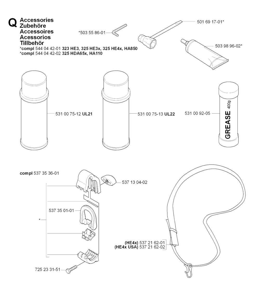 Accessories Diagram and Parts List for HA850 20090900001 & Above Husqvarna Trimmer