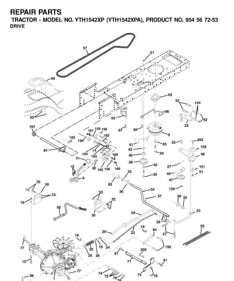 Drive Diagram and Parts List for YTH1542XP (954567253)(2001-01) Husqvarna Lawn Tractor