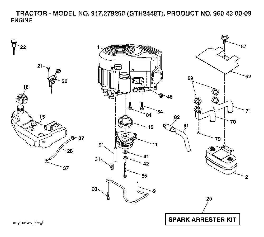 Engine Diagram and Parts List for GTH2448T (917279260, 960430009)(2006-02) Husqvarna Lawn Tractor
