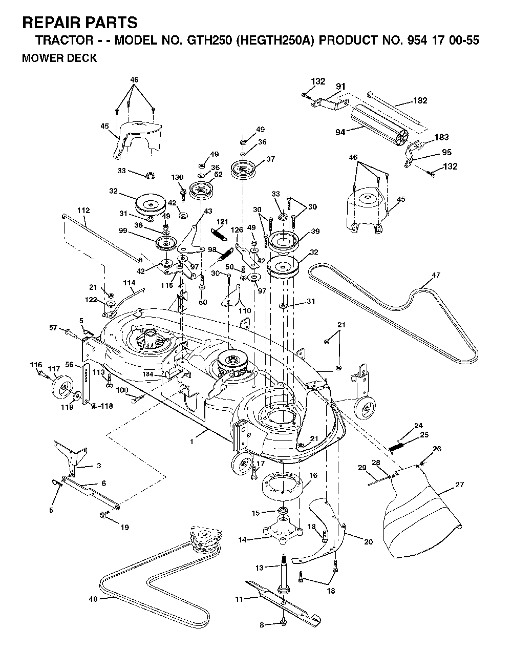 Mower Deck / Cutting Deck Diagram and Parts List for GTH250 (HEGTH250A, 954170055)(2002-03) Husqvarna Lawn Tractor