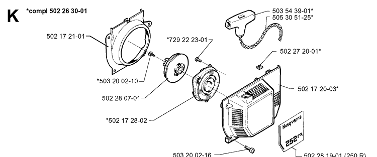 Starter Diagram and Parts List for 252RX 19991400001-20011800000 Husqvarna Brush Cutter