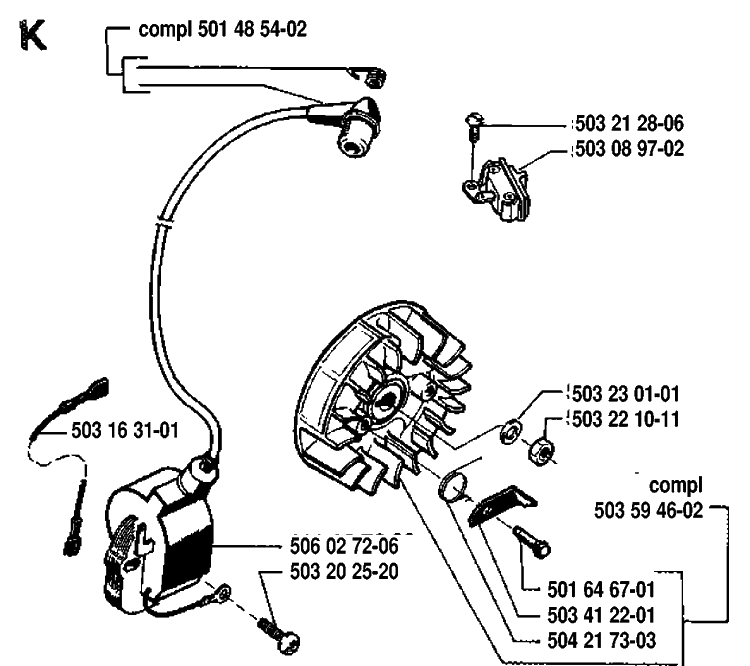 Ignition System Diagram and Parts List for 55 19914000001-19942300000 Husqvarna Chainsaw