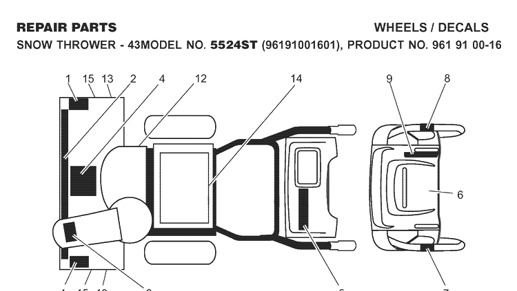 Decals Diagram and Parts List for 5524ST (96191001601)(2007-10) Husqvarna Snow Blower