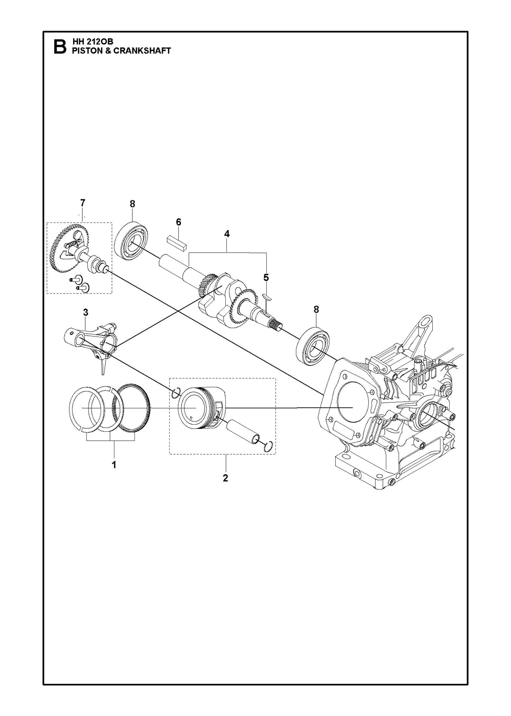 Piston And Crankshaft Diagram and Parts List for HH212OB  Husqvarna Engine