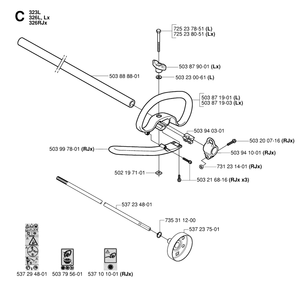 Shaft And Handle Diagram and Parts List for 326L 20061400001 & Above Husqvarna Trimmer