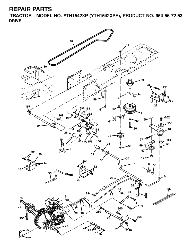Drive Diagram and Parts List for YTH1542XP (954567253)(2002-02) Husqvarna Lawn Tractor