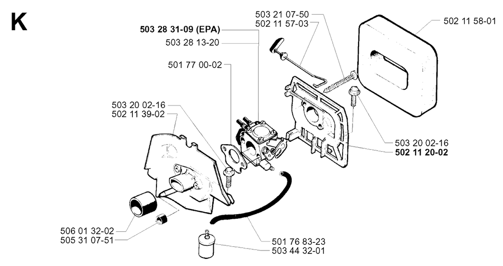 Carburetor And Air Filter Diagram and Parts List for 240 20010100001 & Above Husqvarna Trimmer