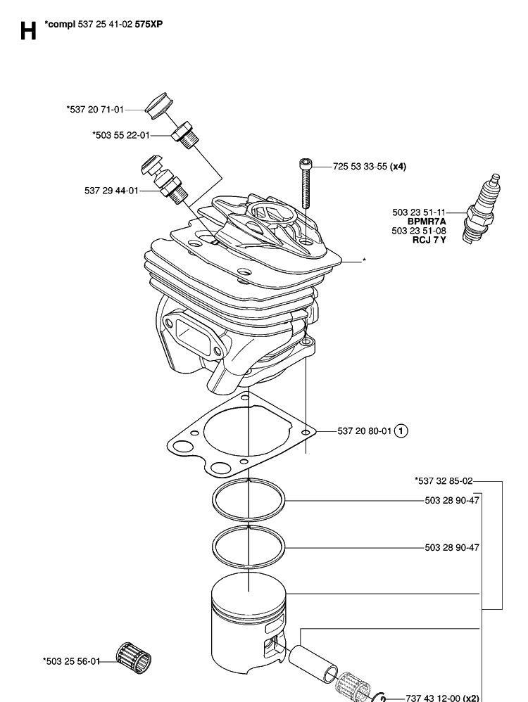 Cylinder Piston 2 Diagram and Parts List for 575XP 20070100001-Current Husqvarna Chainsaw