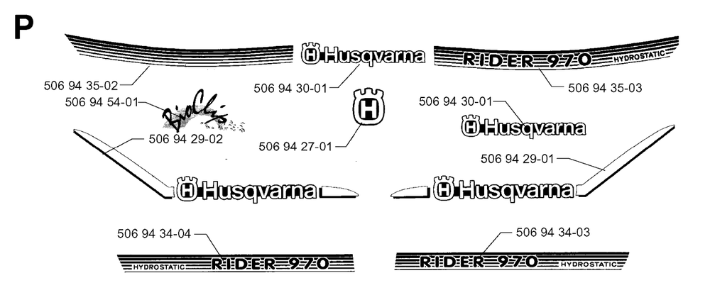 Decals Diagram and Parts List for R970HST 1998-03 Husqvarna Lawn Tractor