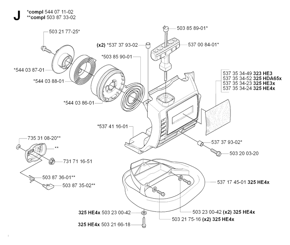 Starter Diagram and Parts List for HA850 20090900001 & Above Husqvarna Trimmer