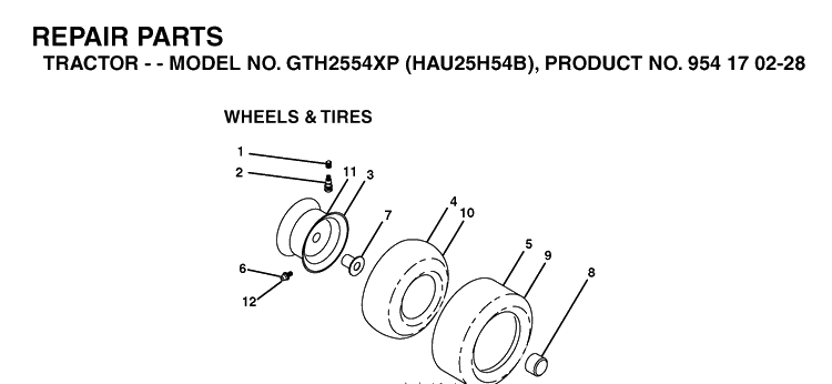 Wheels And Tires Diagram and Parts List for GTH2554XP (HAU25H54B)(2004-09) Husqvarna Lawn Tractor