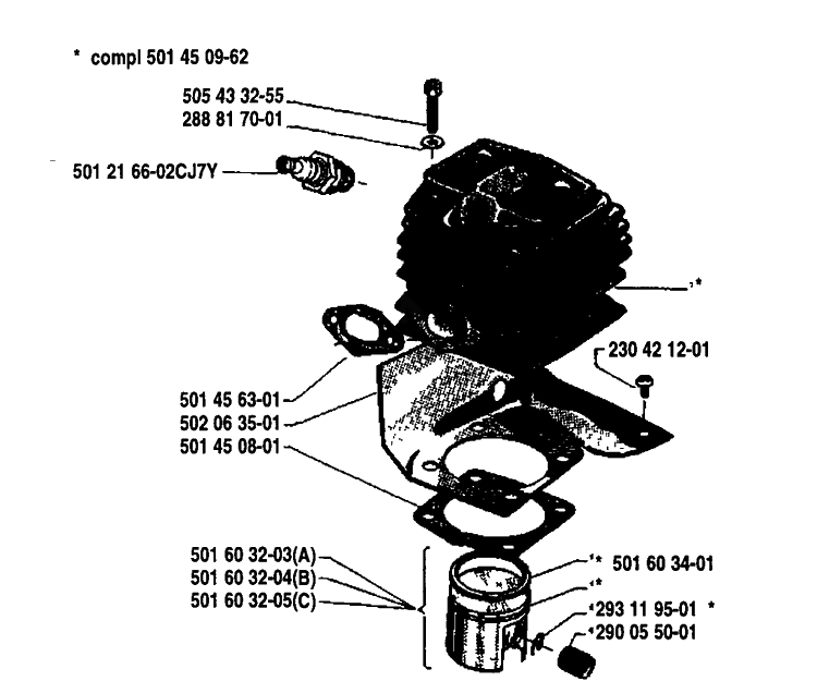 Piston/Cylinder Diagram and Parts List for 140R 1980-02 Husqvarna Brush Cutter