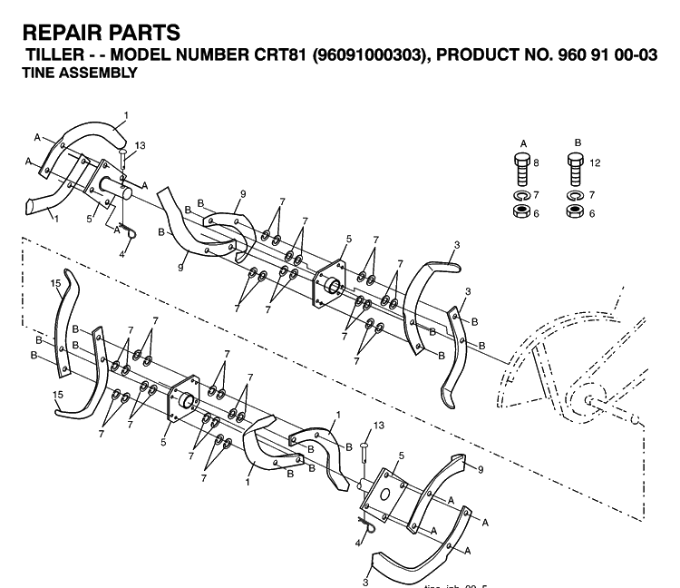 Tine Assembly Diagram and Parts List for CRT81 (96091000303)(2007-02) Husqvarna Cultivator
