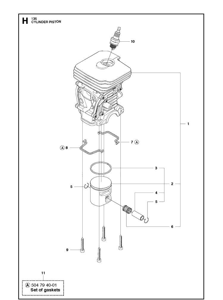 Cylinder Piston Diagram and Parts List for 135E  Husqvarna Chainsaw