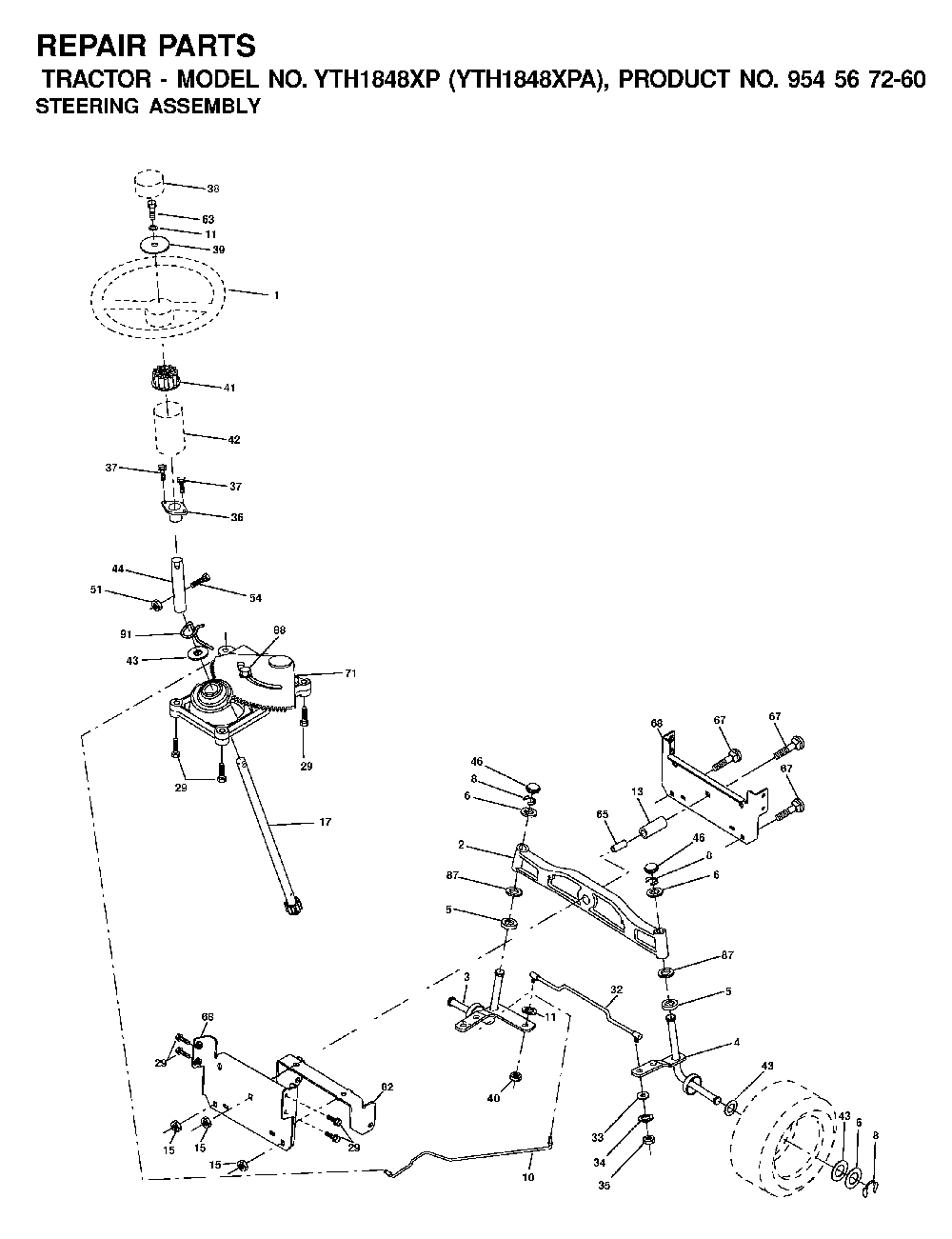 Steering Diagram and Parts List for YTH1848XPA (954567260)(2001-02) Husqvarna Lawn Tractor