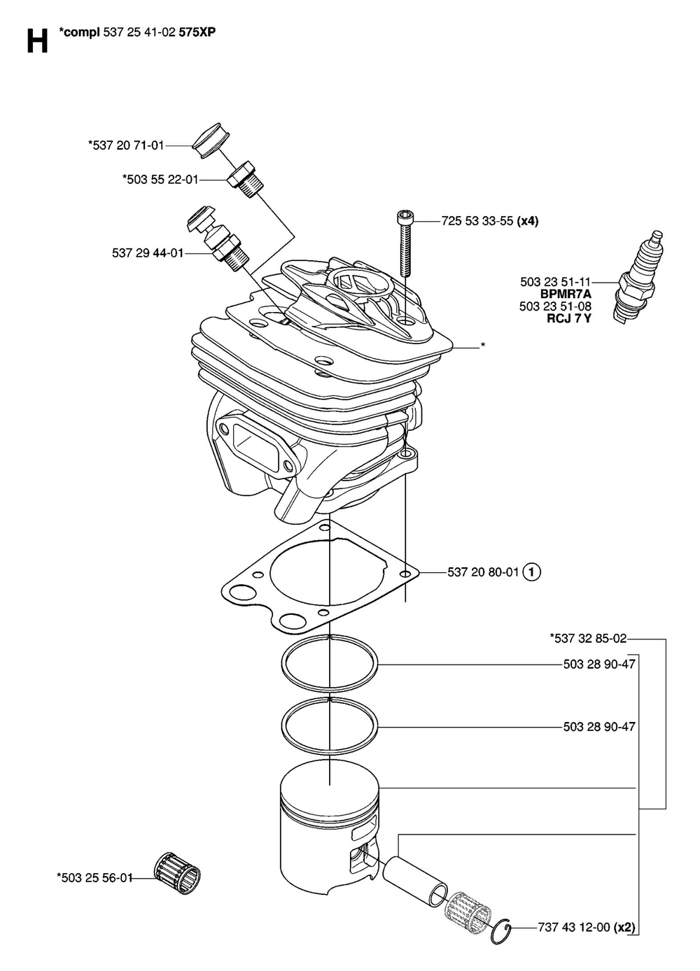 Cylinder Piston Diagram and Parts List for 575XP-575XPG 575 XP W - 575 XPGW Husqvarna Chainsaw