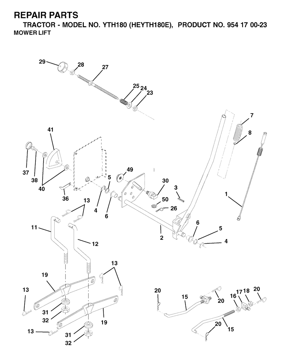 Mower Lift / Deck Lift Diagram and Parts List for YTH180 (954170023-E)(2001-01) Husqvarna Lawn Tractor