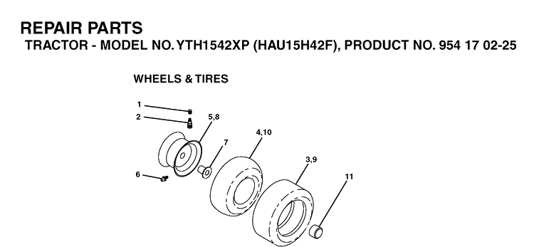 Wheels And Tires Diagram and Parts List for YTH1542XP (HAU15H42F)(2004-09) Husqvarna Lawn Tractor