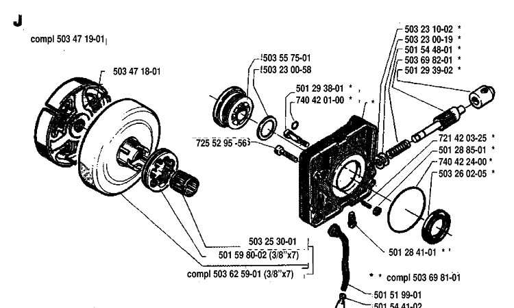 Clutch And Oil Pump Diagram and Parts List for 288 19933600001-19974900000 Husqvarna Chainsaw