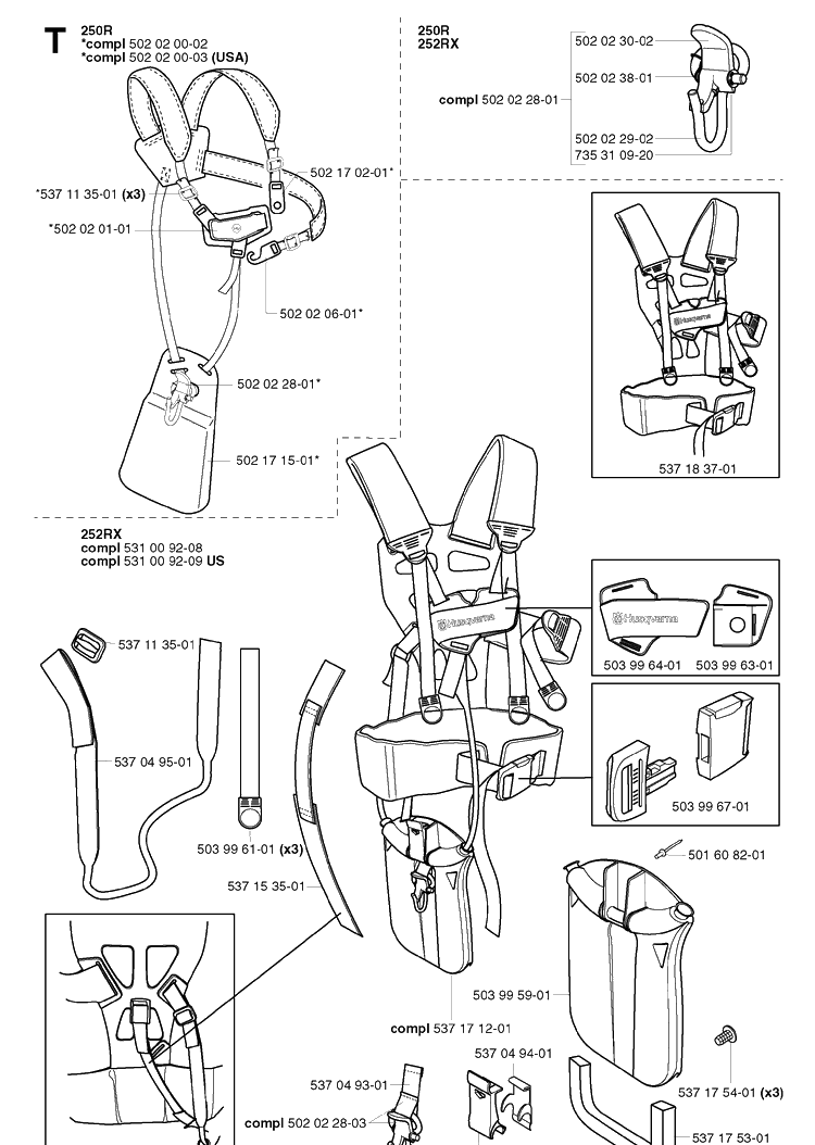 Harness Diagram and Parts List for 250R 20023100001-20145399999 Husqvarna Brush Cutter