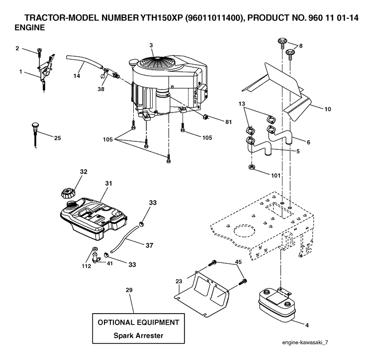 Engine Diagram and Parts List for YTH150XP (96011011400)(2006-01) Husqvarna Lawn Tractor