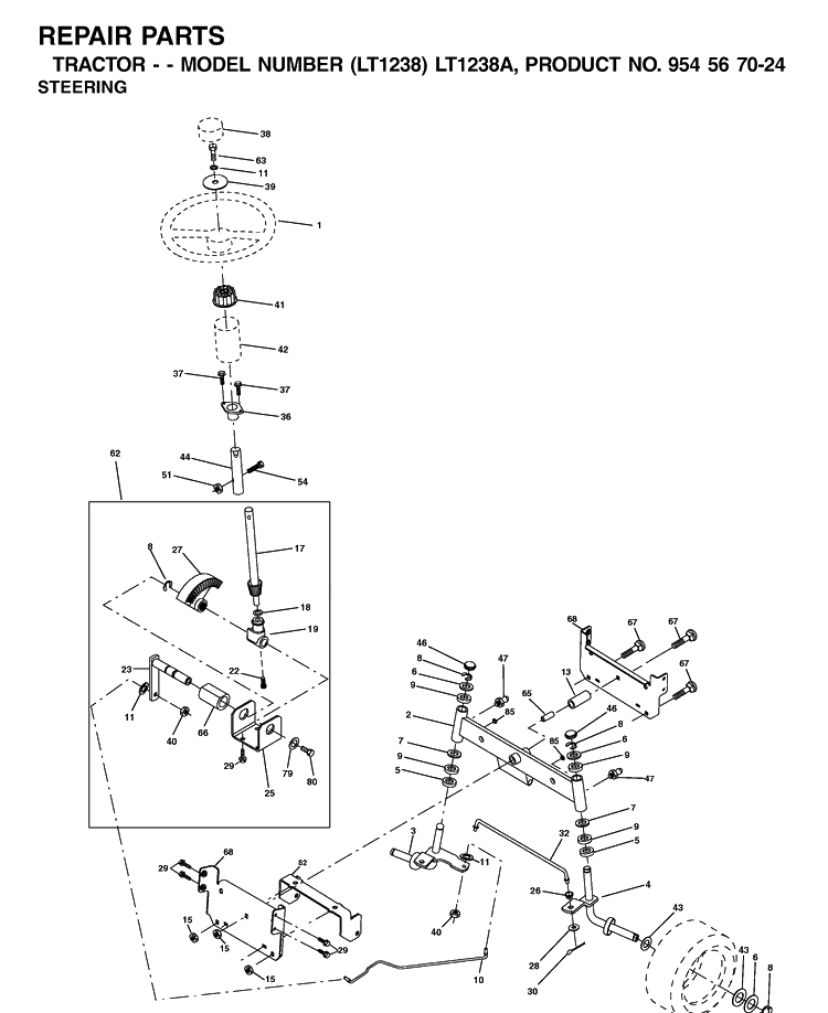 Steering Diagram and Parts List for LT1238-LT1238A 2000-10 Husqvarna Lawn Tractor