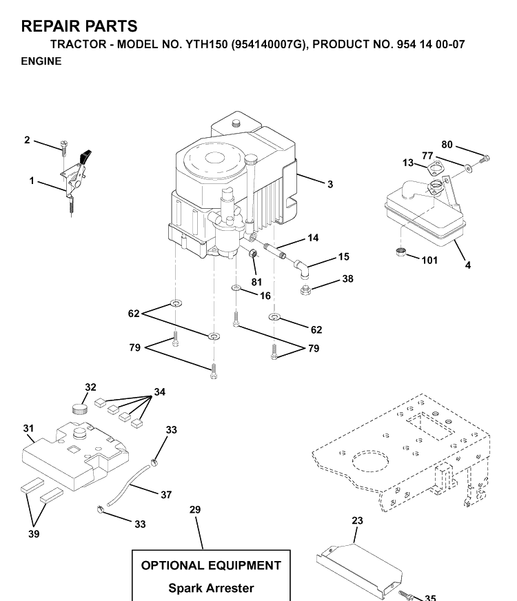 Engine Diagram and Parts List for YTH150 (954140007G)(1998-09) Husqvarna Lawn Tractor