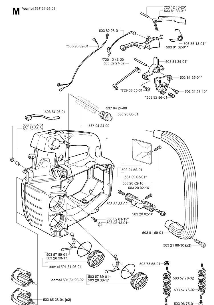 Fuel Tank And Handle Diagram and Parts List for 338XPT 20043100001-20051000000 Husqvarna Chainsaw