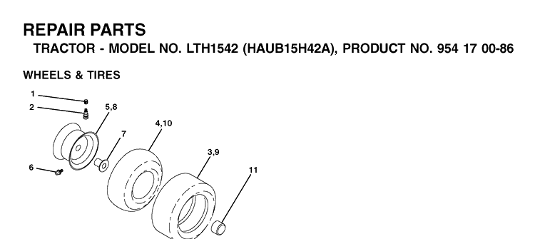 Wheels And Tires Diagram and Parts List for LTH1542 (HAUB15H42A)(2003-01) Husqvarna Lawn Tractor