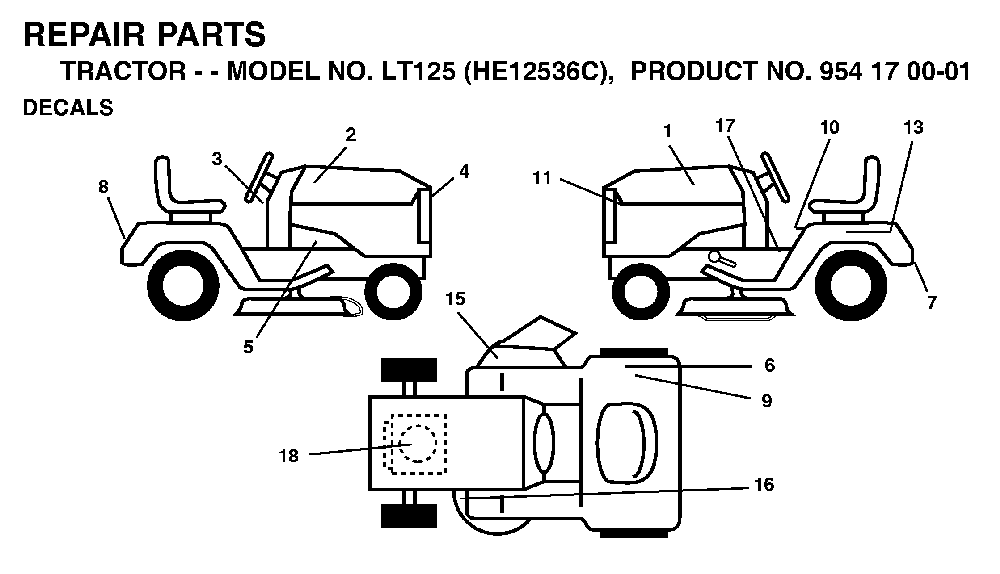 Decals Diagram and Parts List for LT125 (HE12536C, 954170001)(1998-03) Husqvarna Lawn Tractor