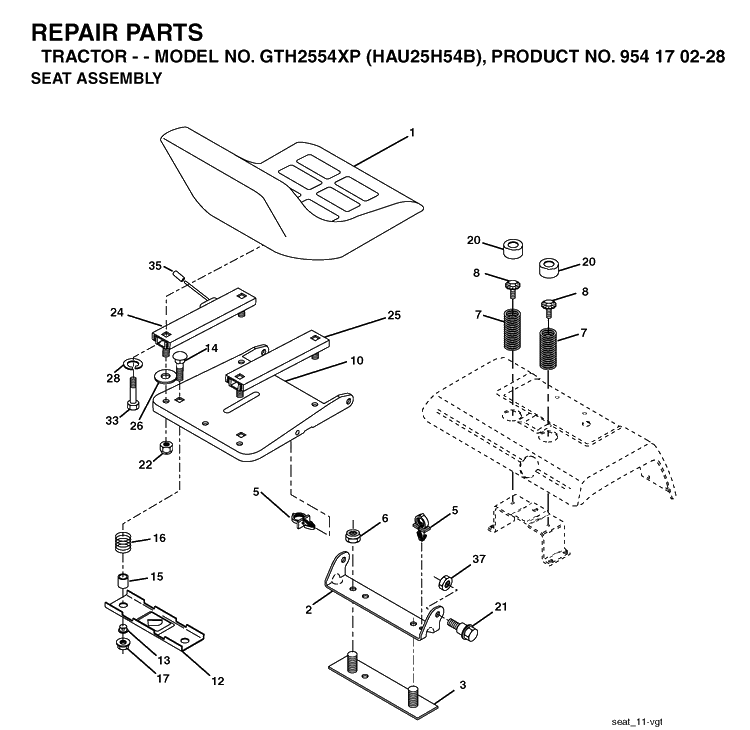 Seat Diagram and Parts List for GTH2554XP (HAU25H54B)(2004-09) Husqvarna Lawn Tractor