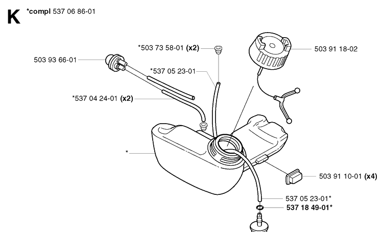 Fuel Tank Diagram and Parts List for 326C 20020500001-20023100000 Husqvarna Edger