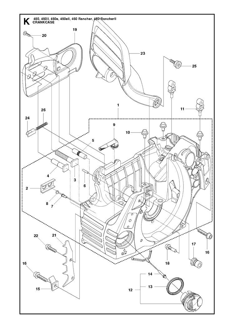 Crankcase Diagram and Parts List for 450 450II-450E-450EII-450 RANCHER-450 RANCHERII Husqvarna Chainsaw