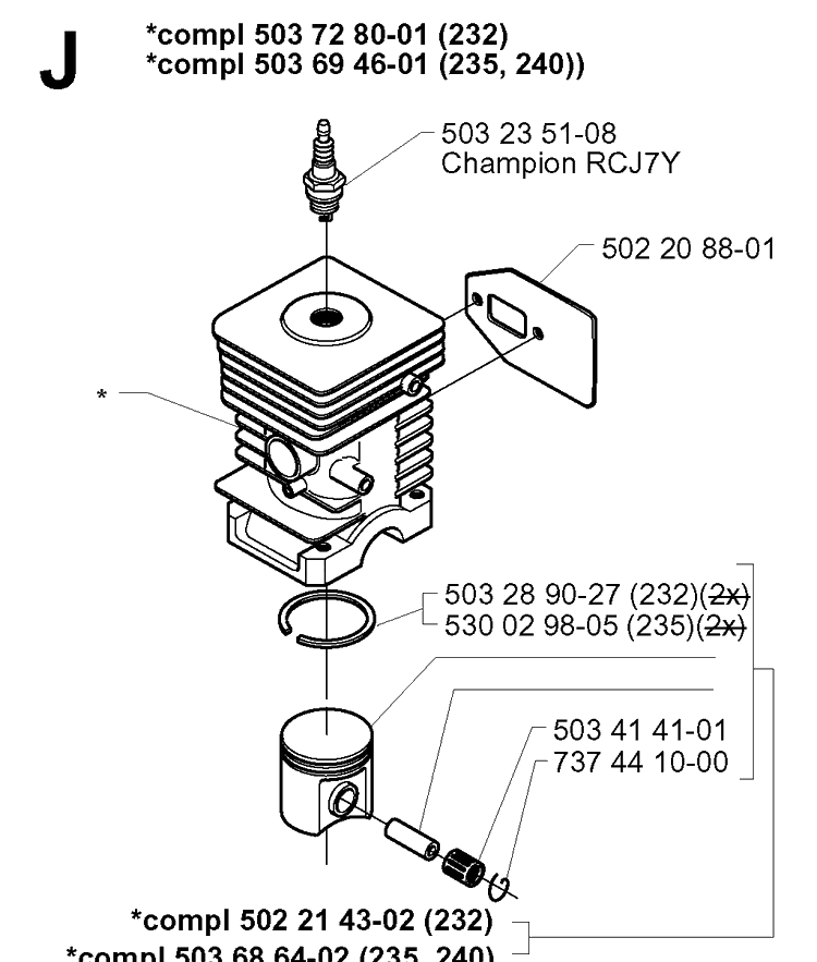 Cylinder Piston Diagram and Parts List for 232RD 20001400001-Current Husqvarna Brush Cutter