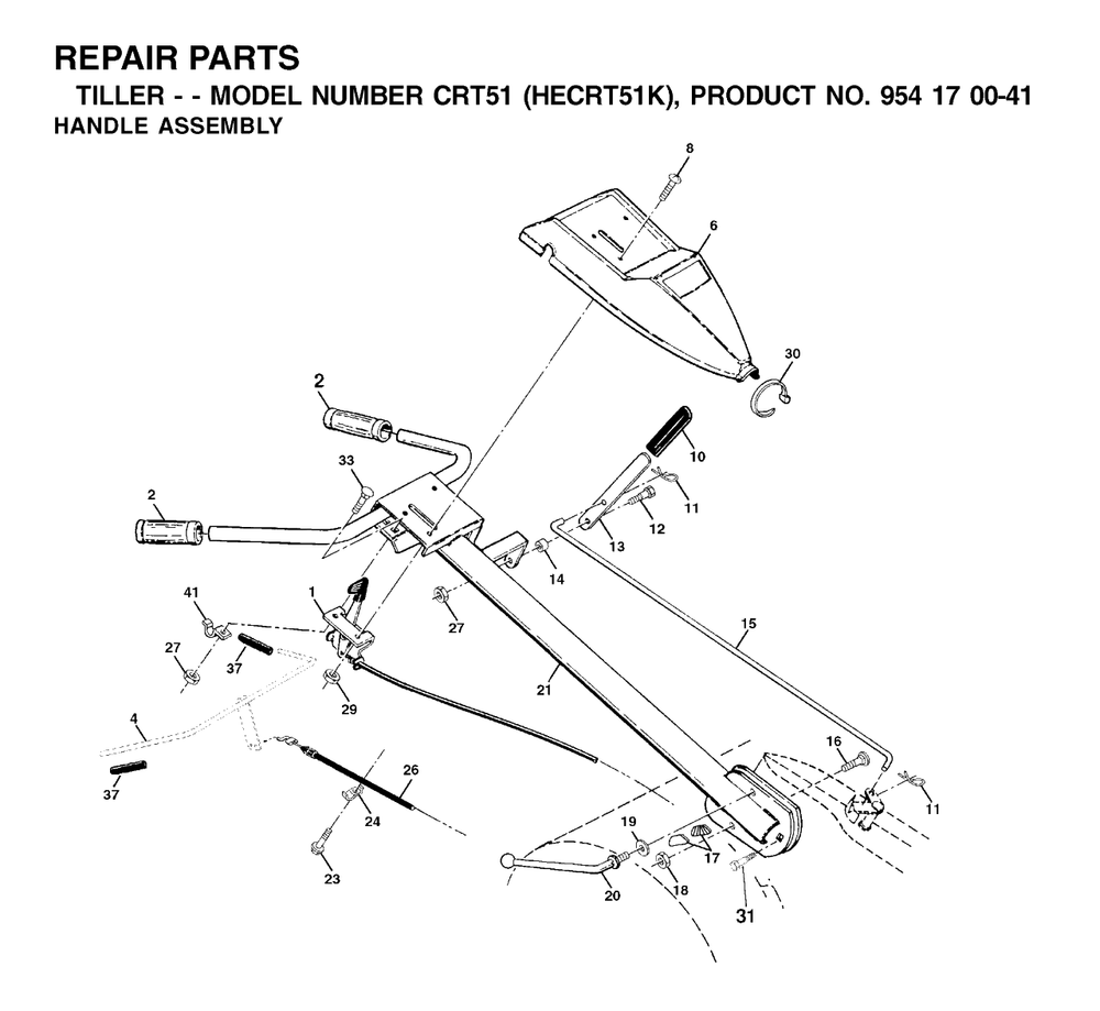 Handle And Controls Diagram and Parts List for CRT51 (954170041-K)(2002-03) Husqvarna Tiller