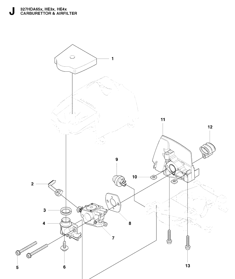 Carburetor And Air Filter Diagram and Parts List for 327HE4 X-SERIES Husqvarna Hedge Trimmer