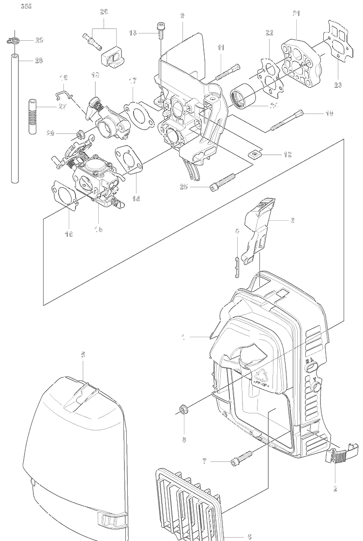 Carb / Intake-Partition Wall / Air Box / Air Filter Diagram and Parts List for 355 2007-07 Husqvarna Brush Cutter